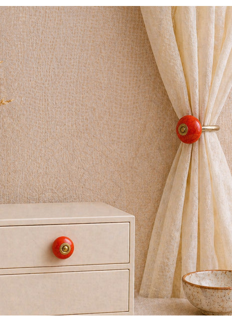 Red Color Cracked Ceramic Drawer Cabinet Knob & Curtain Tie Bundle