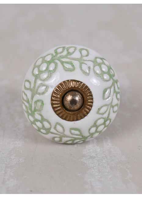 Green Design On White Ceramic Drawer Cabinet Knob