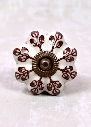Brown Flower design On White Base Ceramic Door Knob