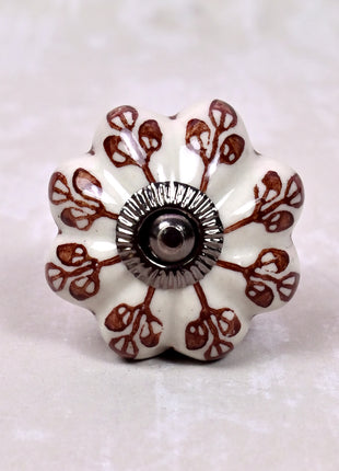 Brown Flower design On White Base Ceramic Door Knob