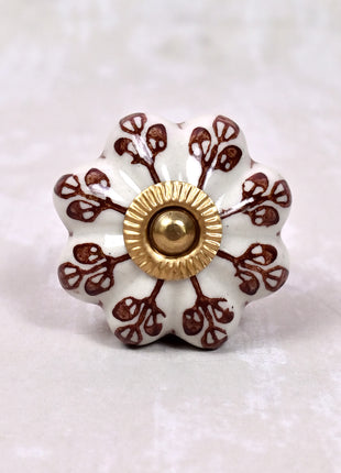 Brown Flower design On White Base Ceramic Door Knob