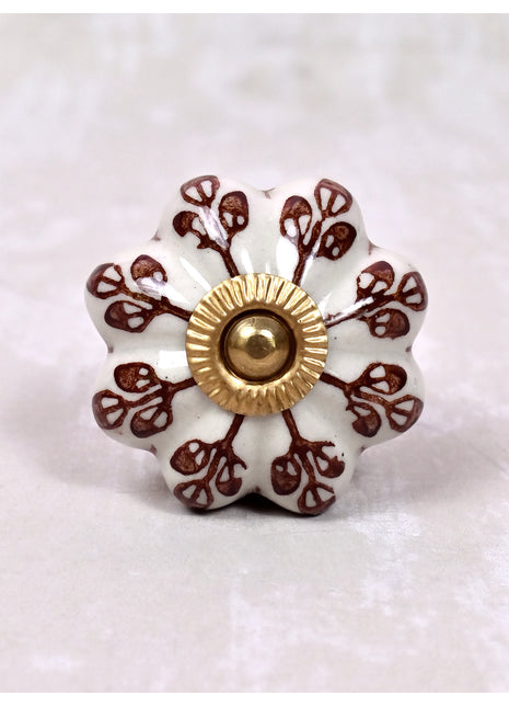 Brown Flower design Off White Base Ceramic Door Knob