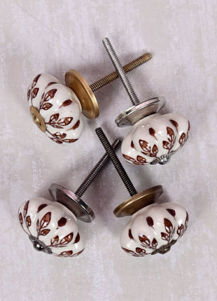 Brown Flower design On White Base Ceramic Door Knob