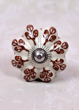 Brown Flower design On White Base Ceramic Door Knob