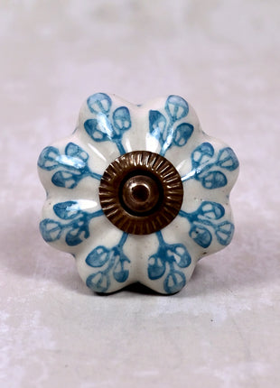 Turquoise Flower design On White Base Ceramic Door Knob