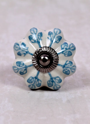 Turquoise Flower design On White Base Ceramic Door Knob