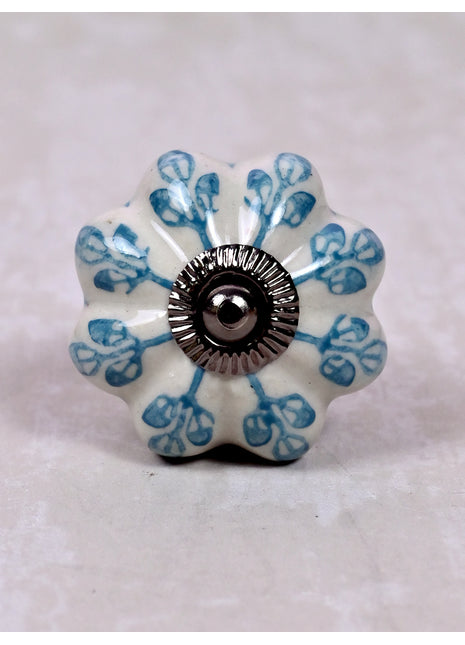 Turquoise Flower design Off White Base Ceramic Door Knob