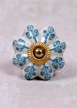 Turquoise Flower design On White Base Ceramic Door Knob