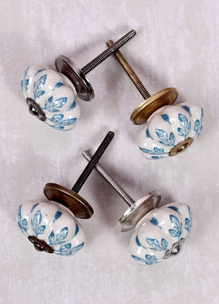 Turquoise Flower design On White Base Ceramic Door Knob