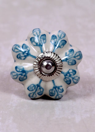 Turquoise Flower design On White Base Ceramic Door Knob