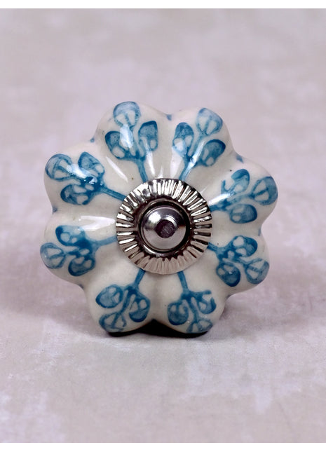 Turquoise Flower design Off White Base Ceramic Door Knob