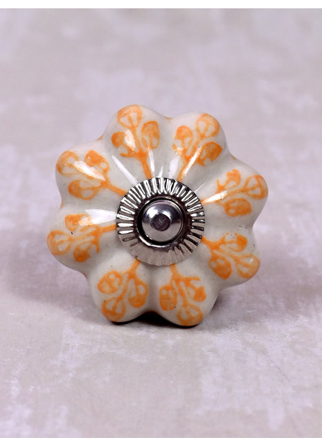 Light Orange Flower design Off White Base Ceramic Door Knob