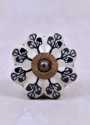 Black Flower Design Off White Base Ceramic Door Knob