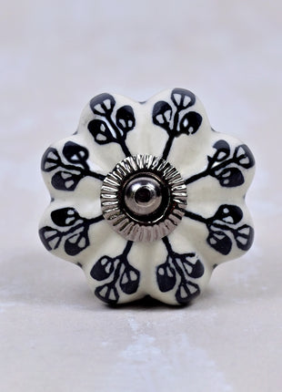 Black Flower Design Off White Base Ceramic Door Knob