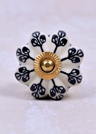 Black Flower Design Off White Base Ceramic Door Knob
