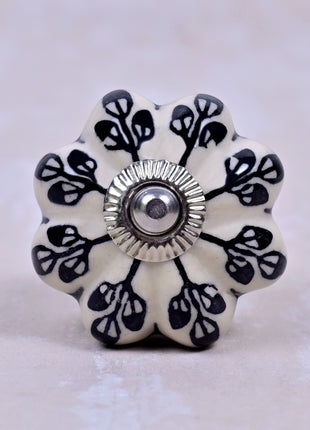 Black Flower Design Off White Base Ceramic Door Knob