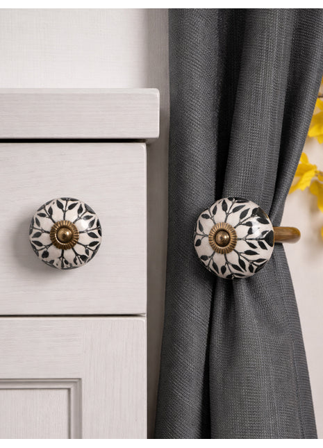 Black Design Ceramic Drawer Cabinet Knob & Curtain Tie Bundle