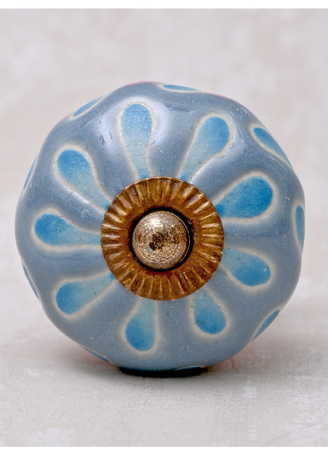 Powder Blue Round Ceramic Dresser Cabinet Knob With Turquoise Flower