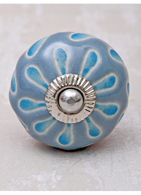 Powder Blue Round Ceramic Dresser Cabinet Knob With Turquoise Flower