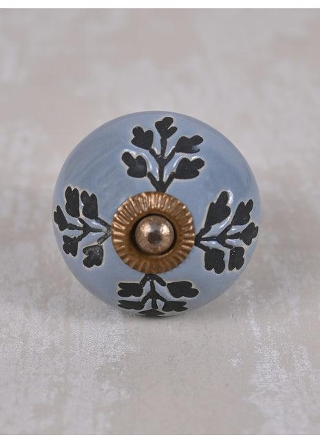 Black Designer Petals on Grey Ceramic Dresser Cabinet Knob