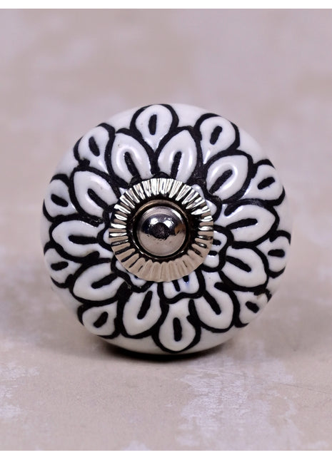 White Ceramic Door Knob With Black Multi-Floral Layer