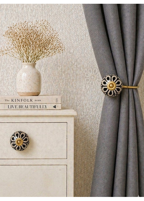 Black Design Ceramic Drawer Cabinet Knob & Curtain Tie Bundle