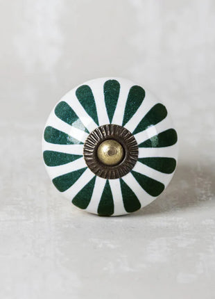 Dark Green Flower On White Ceramic Knob, Curtain Tie & Pull Bundle
