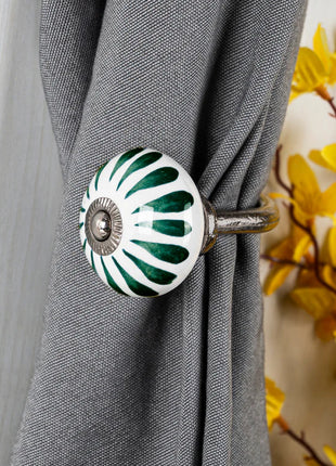 Dark Green Flower On White Ceramic Drawer Cabinet Knob & Curtain Tie Bundle