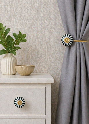 Dark Green Flower On White Ceramic Drawer Cabinet Knob & Curtain Tie Bundle