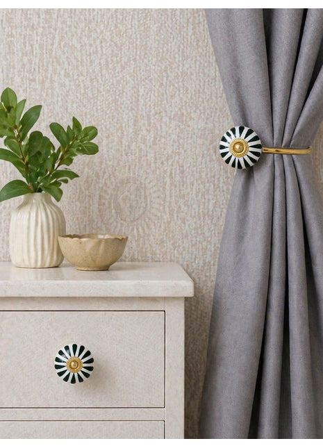 Dark Green Flower On White Ceramic Drawer Cabinet Knob & Curtain Tie Bundle