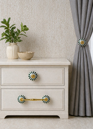 Dark Green Flower On White Ceramic Knob, Curtain Tie & Pull Bundle