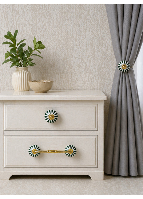 Dark Green Flower On White Ceramic Knob, Curtain Tie & Pull Bundle