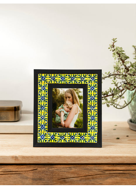 Blue Pottery Photo Frame - Yellow with Blue Flowers