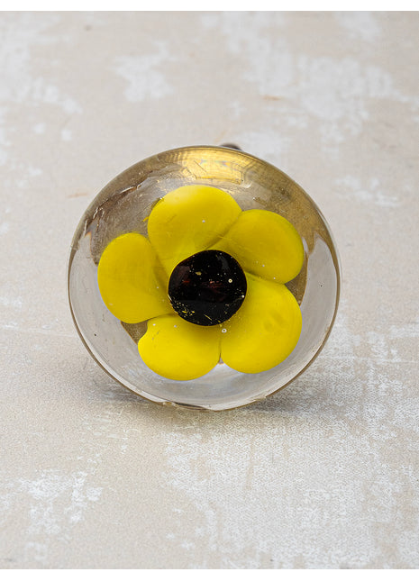 Clear Glass Dresser Cabinet Knob With Black And Yellow Flower