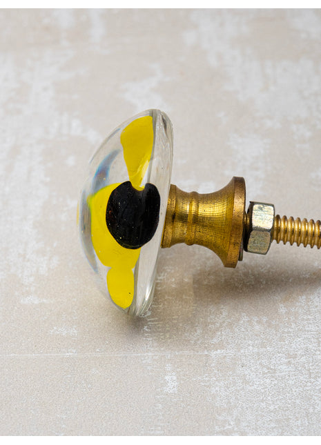 Clear Glass Dresser Cabinet Knob With Black And Yellow Flower