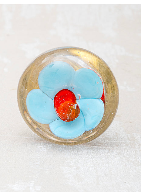 Clear Glass Door Knob With Red And Turquoise Flower
