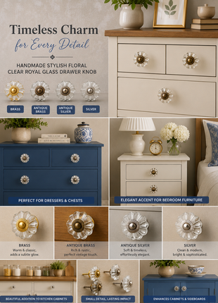 Stylish Floral Clear Royal Glass Drawer Cabinet Knob