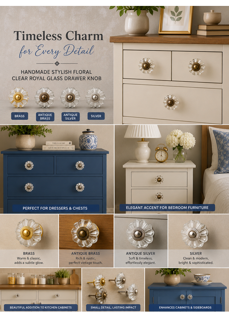 Stylish Floral Clear Royal Glass Drawer Cabinet Knob