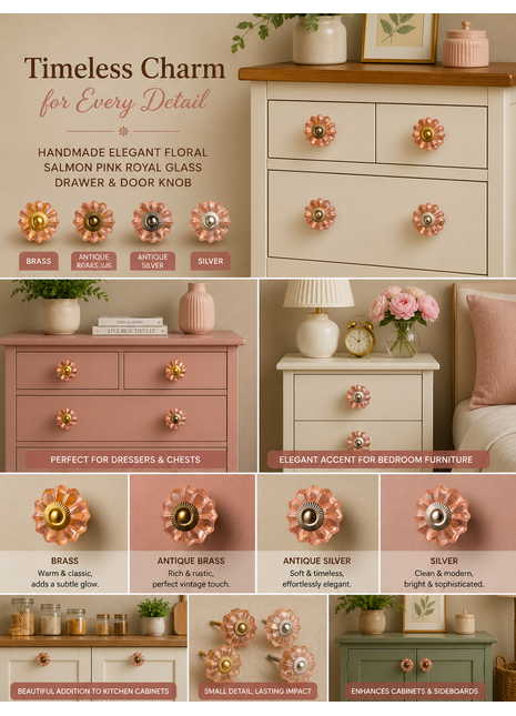 Elegant Floral Salmon Pink Royal Glass Door Knob