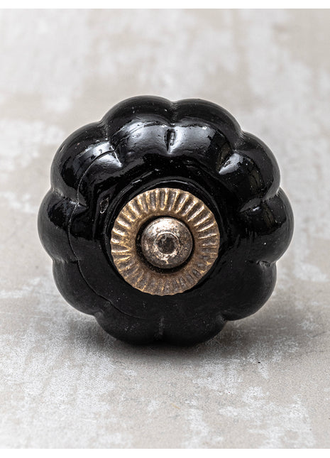 Round Black Handmade Flower Shaped Ceramic Drawer Knob