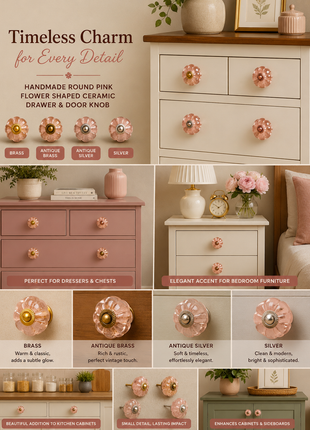 Round Pink Handmade Flower Shaped Ceramic Drawer Knob