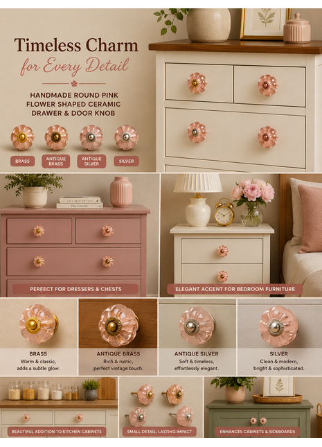 Round Pink Handmade Flower Shaped Ceramic Drawer Knob