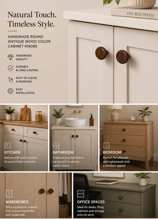 Round Antique Wood Color Cabinet Knobs Zinc Alloy Drawer Knobs