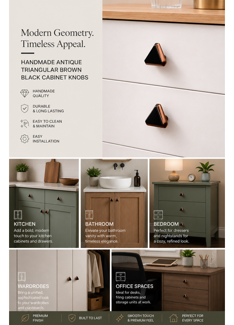Antique  Triangular Shape  Brown Black Cabinet Knobs Zinc Alloy Drawer Knobs