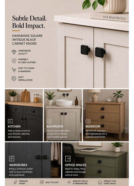 Square Shape Antique Black Cabinet Knobs Zinc Alloy Drawer Knobs