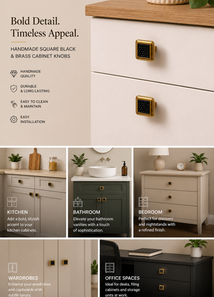 Square Shape Black & Brass Cabinet Knobs Zinc Alloy Drawer Knobs