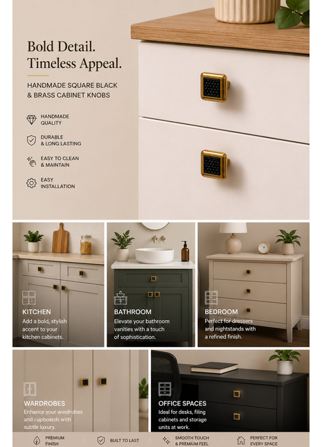 Square Shape Black & Brass Cabinet Knobs Zinc Alloy Drawer Knobs
