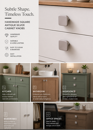 Square Shape Antique Silver Cabinet Knobs Zinc Alloy Drawer Knobs