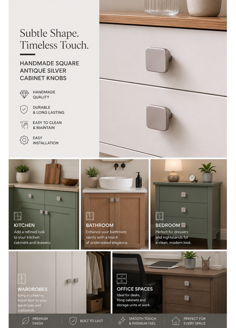 Square Shape Antique Silver Cabinet Knobs Zinc Alloy Drawer Knobs