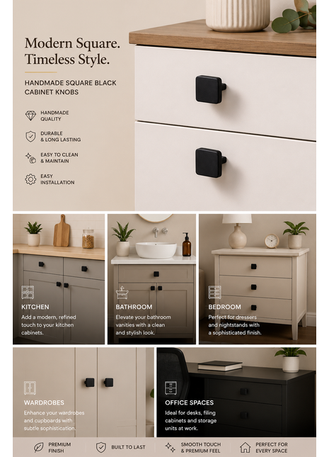 Square Shape Black Cabinet Knobs Zinc Alloy Drawer Knobs